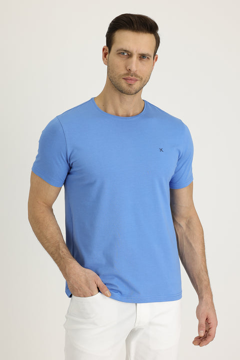 Aviator Blue Crew Neck Slim Fit Embroidered T-Shirt