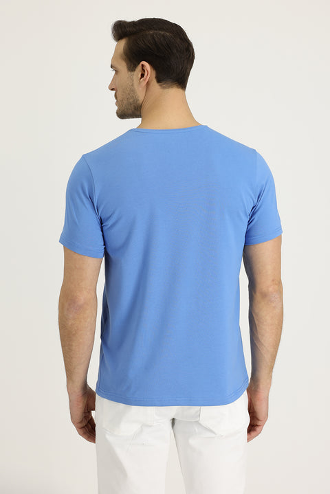Aviator Blue Crew Neck Slim Fit Embroidered T-Shirt