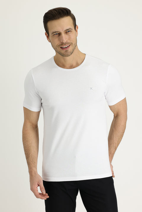 White Crew Neck Slim Fit Embroidered T-Shirt