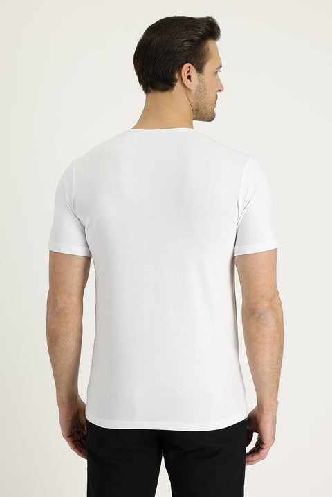 White Crew Neck Slim Fit Embroidered T-Shirt