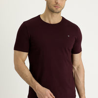 Koyu Bordo Bisiklet Yaka Slim Fit Dar Kesim Nakışlı Tişört