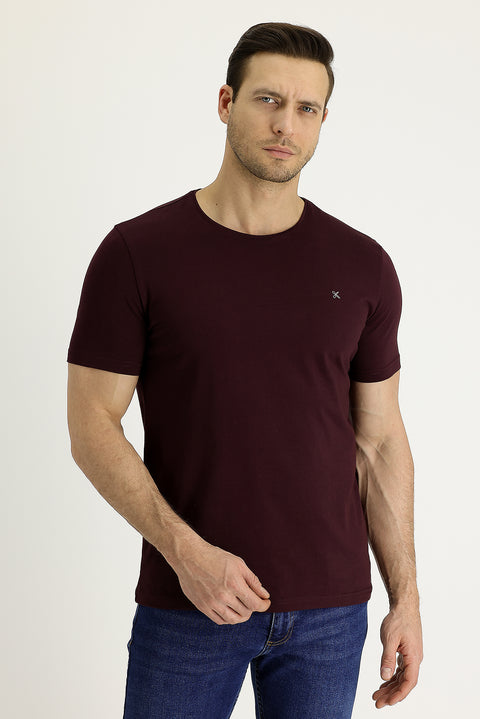 Koyu Bordo Bisiklet Yaka Slim Fit Dar Kesim Nakışlı Tişört