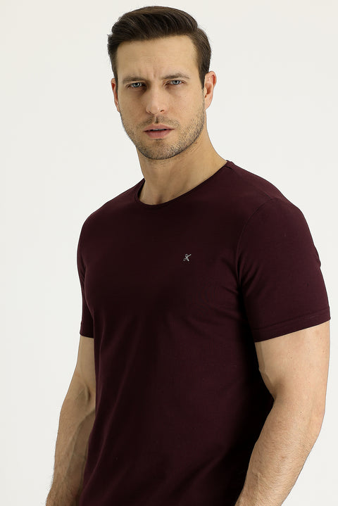 Koyu Bordo Bisiklet Yaka Slim Fit Dar Kesim Nakışlı Tişört