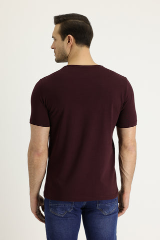  Koyu Bordo Bisiklet Yaka Slim Fit Dar Kesim Nakışlı Pamuklu Tişört