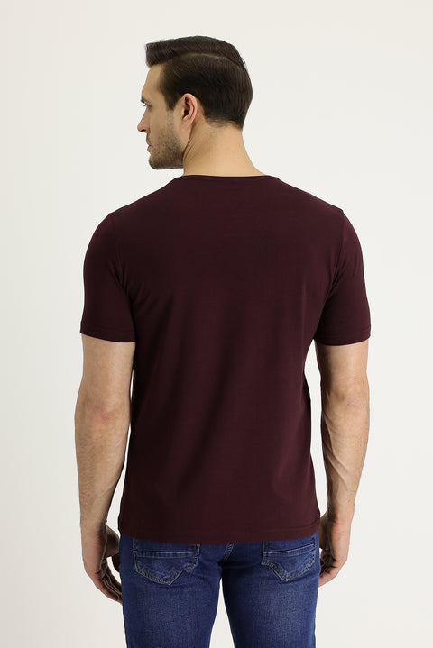 Koyu Bordo Bisiklet Yaka Slim Fit Dar Kesim Nakışlı Tişört