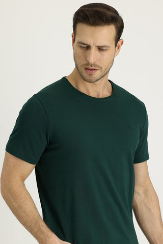  Koyu Yeşil Bisiklet Yaka Slim Fit Dar Kesim Nakışlı Pamuklu Tişört