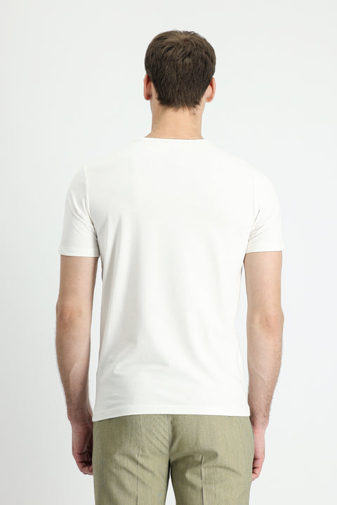 Ekru Bisiklet Yaka Slim Fit Dar Kesim Pamuklu Tişört