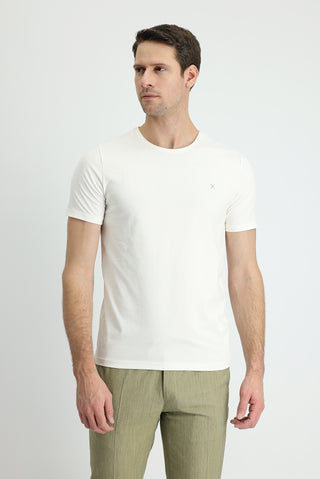  Ekru Bisiklet Yaka Slim Fit Dar Kesim Pamuklu Tişört