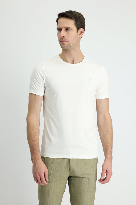 Ekru Bisiklet Yaka Slim Fit Dar Kesim Pamuklu Tişört