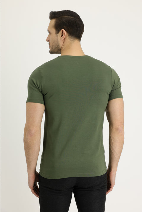 Orta Haki Bisiklet Yaka Slim Fit Dar Kesim Tişört