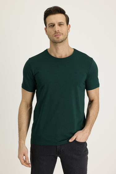 Koyu Yeşil Bisiklet Yaka Slim Fit Dar Kesim Tişört