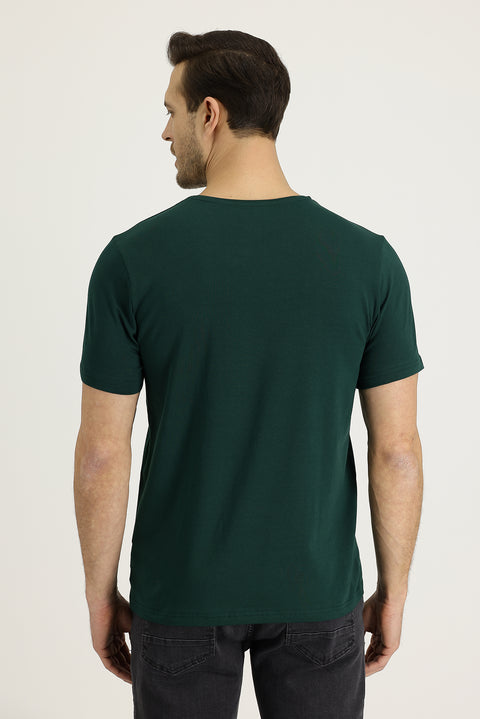 Koyu Yeşil Bisiklet Yaka Slim Fit Dar Kesim Tişört