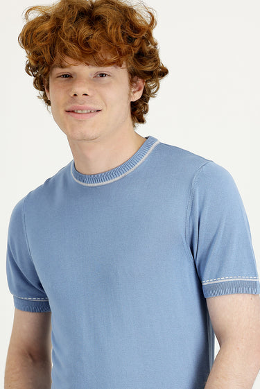 Koyu Mavi  Bisiklet Yaka Slim Fit Dar Kesim Tişört