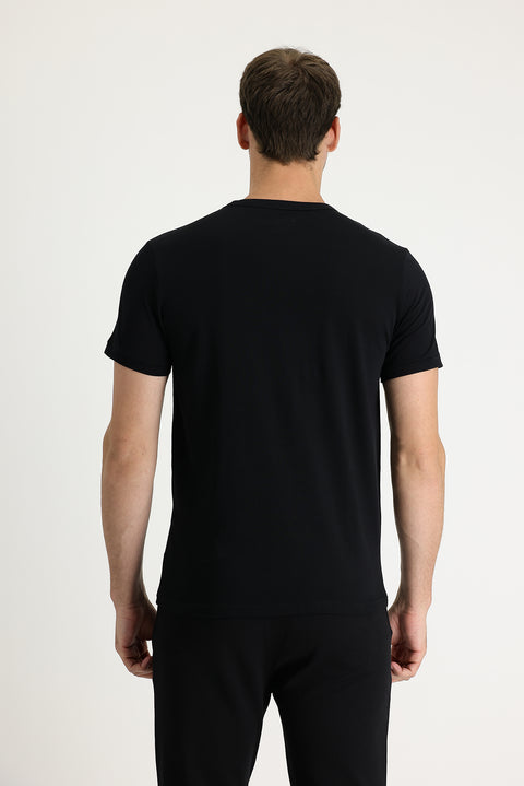Siyah Bisiklet Yaka Slim Fit Dar Kesim Baskılı Pamuk Tişört
