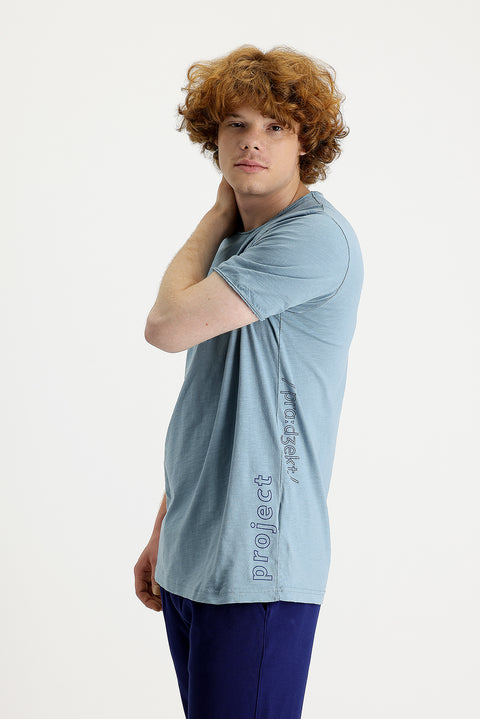 Koyu Mavi  Bisiklet Yaka Slim Fit Dar Kesim Baskılı Pamuk Tişört