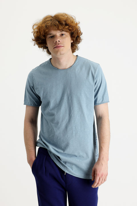 Koyu Mavi  Bisiklet Yaka Slim Fit Dar Kesim Baskılı Pamuk Tişört