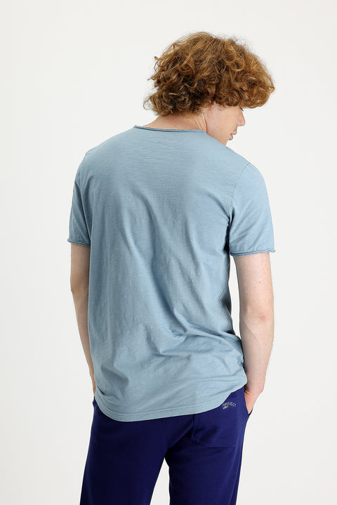 Koyu Mavi  Bisiklet Yaka Slim Fit Dar Kesim Baskılı Pamuk Tişört