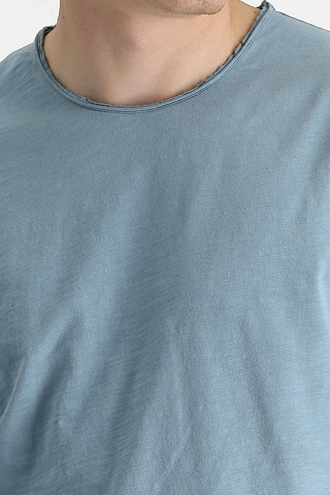 Koyu Mavi  Bisiklet Yaka Slim Fit Dar Kesim Baskılı Pamuk Tişört