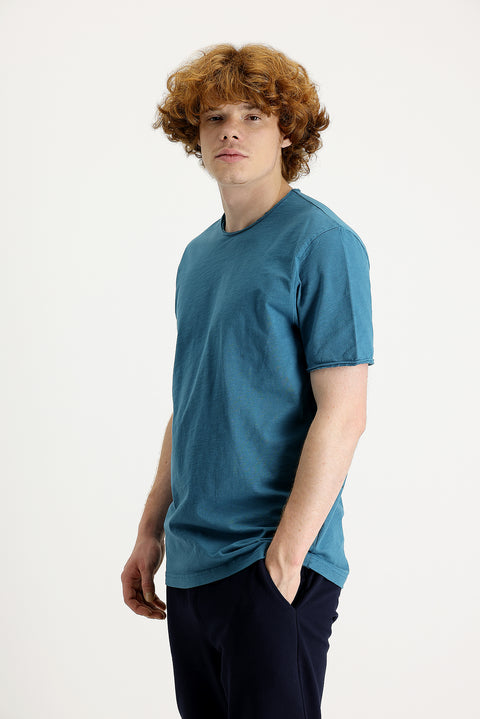 Koyu Petrol Bisiklet Yaka Slim Fit Dar Kesim Baskılı Pamuk Tişört