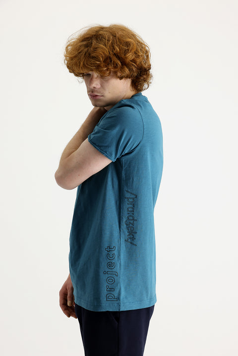 Koyu Petrol Bisiklet Yaka Slim Fit Dar Kesim Baskılı Pamuk Tişört