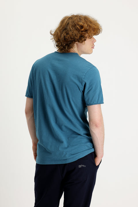 Koyu Petrol Bisiklet Yaka Slim Fit Dar Kesim Baskılı Pamuk Tişört