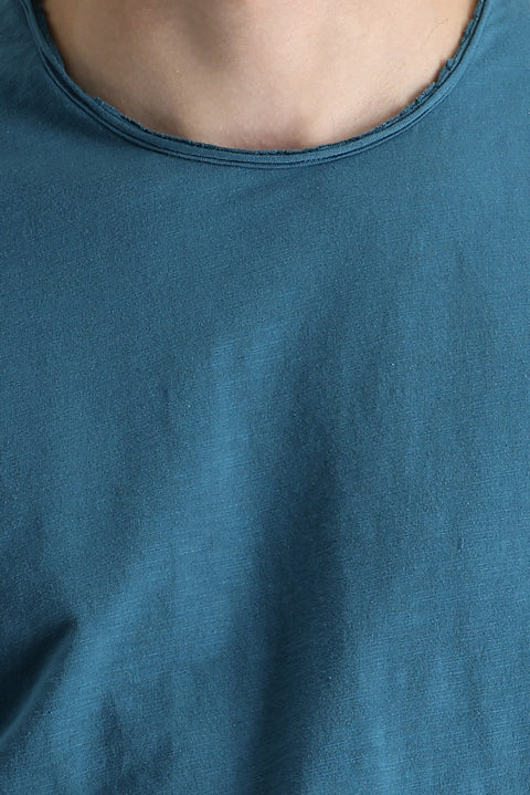 Koyu Petrol Bisiklet Yaka Slim Fit Dar Kesim Baskılı Pamuk Tişört