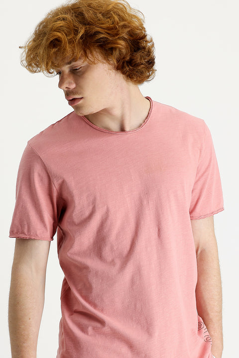 Orta Pembe Bisiklet Yaka Slim Fit Dar Kesim Baskılı Pamuk Tişört