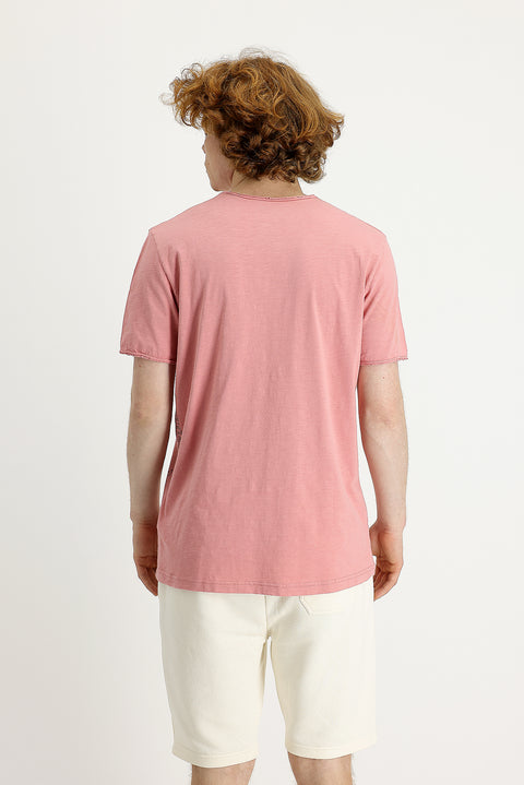 Orta Pembe Bisiklet Yaka Slim Fit Dar Kesim Baskılı Pamuk Tişört