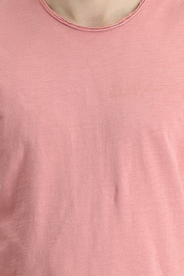 Orta Pembe Bisiklet Yaka Slim Fit Dar Kesim Baskılı Pamuk Tişört