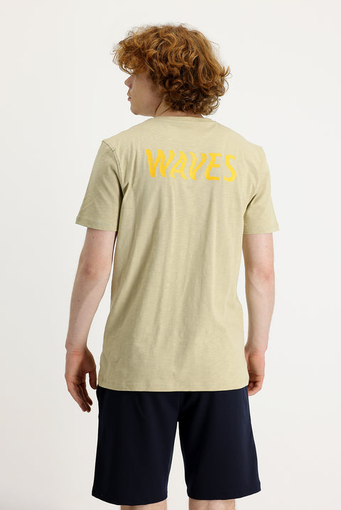 Orta Gri Bisiklet Yaka Slim Fit Dar Kesim Baskılı Pamuk Tişört