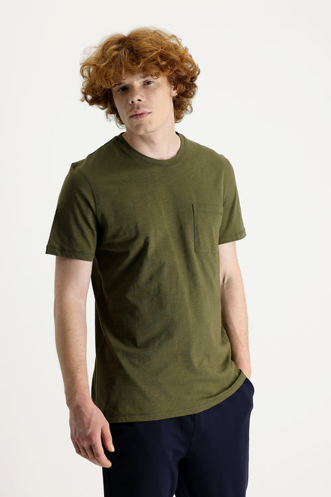 Orta Haki Bisiklet Yaka Slim Fit Dar Kesim Baskılı Pamuk Tişört