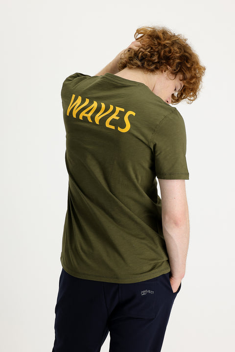 Orta Haki Bisiklet Yaka Slim Fit Dar Kesim Baskılı Pamuk Tişört