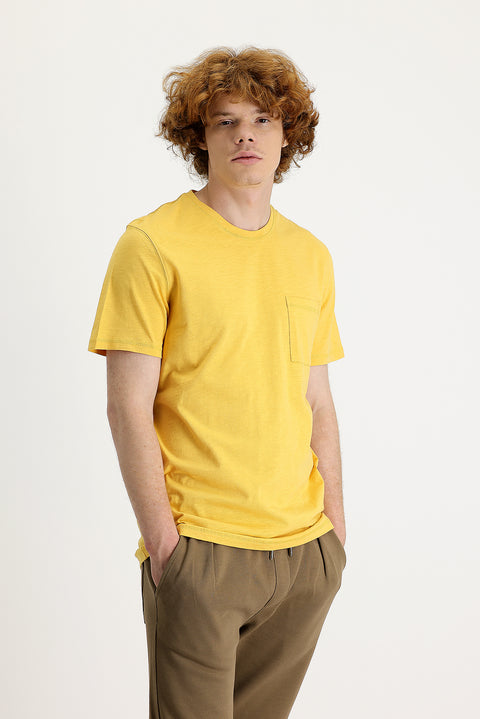 Koyu Sarı Bisiklet Yaka Slim Fit Dar Kesim Baskılı Pamuk Tişört