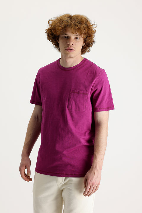 Fuşya Bisiklet Yaka Slim Fit Dar Kesim Baskılı Pamuk Tişört