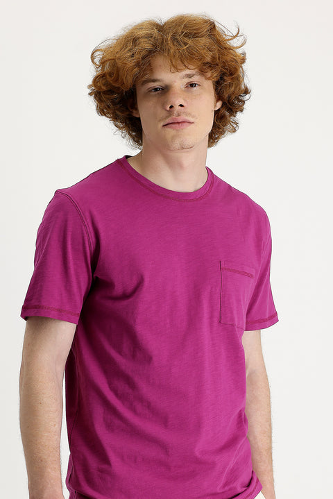 Fuşya Bisiklet Yaka Slim Fit Dar Kesim Baskılı Pamuk Tişört