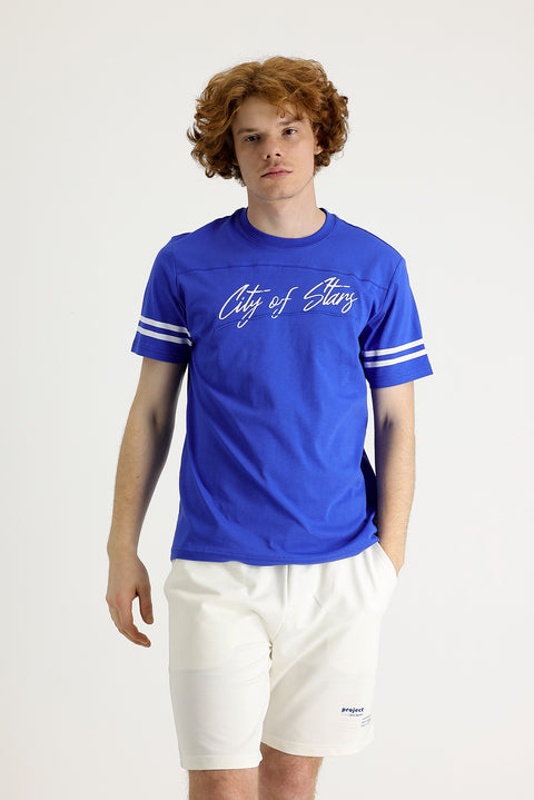 Saks Mavi Bisiklet Yaka Slim Fit Dar Kesim Baskılı Pamuk Tişört