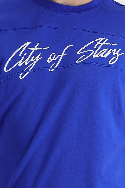 Saks Mavi Bisiklet Yaka Slim Fit Dar Kesim Baskılı Pamuk Tişört