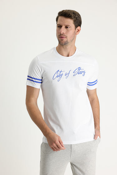 Beyaz Bisiklet Yaka Slim Fit Dar Kesim Baskılı Pamuk Tişört
