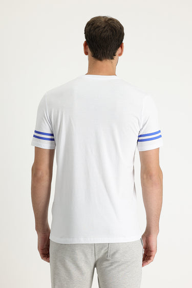 Beyaz Bisiklet Yaka Slim Fit Dar Kesim Baskılı Pamuk Tişört