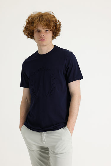 Siyah Lacivert Bisiklet Yaka Slim Fit Dar Kesim Baskılı Pamuk Tişört