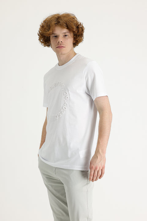 Beyaz Bisiklet Yaka Slim Fit Dar Kesim Baskılı Pamuk Tişört