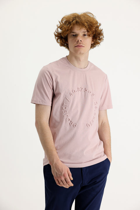 Orta Pembe Bisiklet Yaka Slim Fit Dar Kesim Baskılı Pamuk Tişört