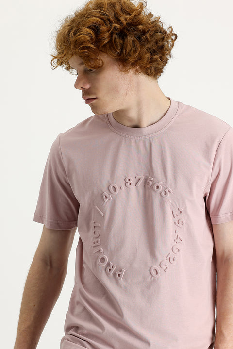 Orta Pembe Bisiklet Yaka Slim Fit Dar Kesim Baskılı Pamuk Tişört