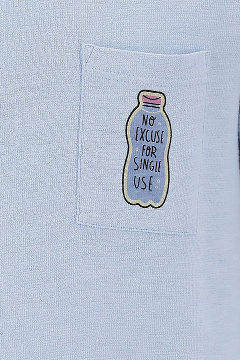 Açık Mavi Eco-Line Bisiklet Yaka Slim Fit Dar Kesim Baskılı Pamuk Tişört