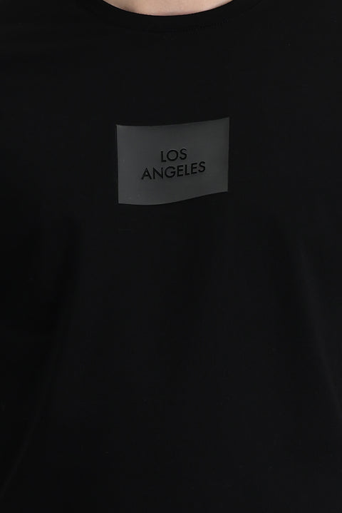 Siyah Bisiklet Yaka Slim Fit Dar Kesim Baskılı Tişört