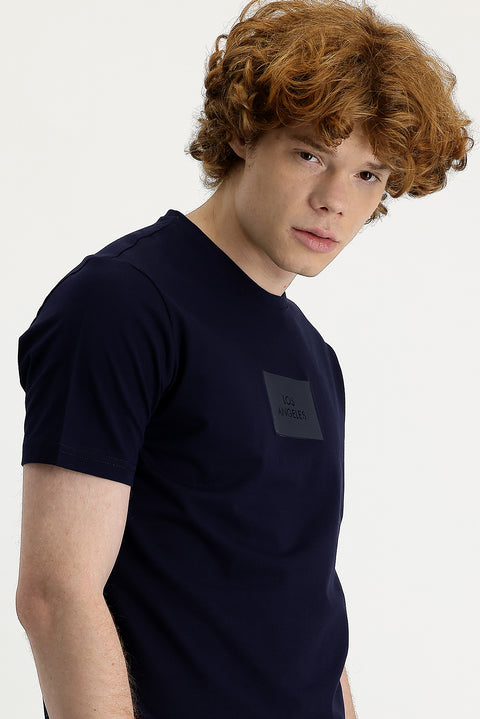 Siyah Lacivert Bisiklet Yaka Slim Fit Dar Kesim Baskılı Tişört