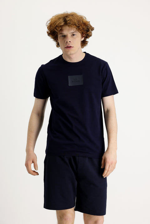 Siyah Lacivert Bisiklet Yaka Slim Fit Dar Kesim Baskılı Tişört