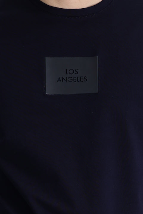 Siyah Lacivert Bisiklet Yaka Slim Fit Dar Kesim Baskılı Tişört