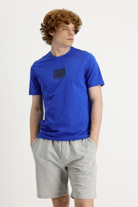 Saks Mavi Bisiklet Yaka Slim Fit Dar Kesim Baskılı Tişört