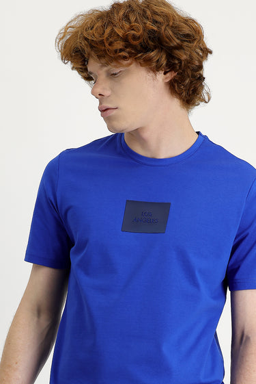 Saks Mavi Bisiklet Yaka Slim Fit Dar Kesim Baskılı Tişört